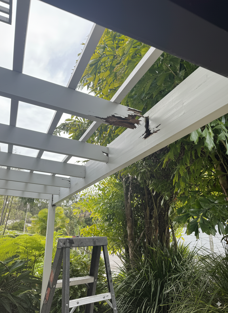 Ballina pergola before rot repair showing structural issues at joints