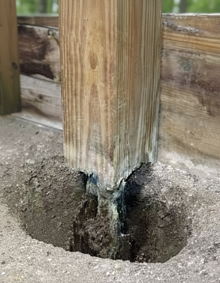 Deck support post rot compromising structural safety Byron Bay timber repair specialist